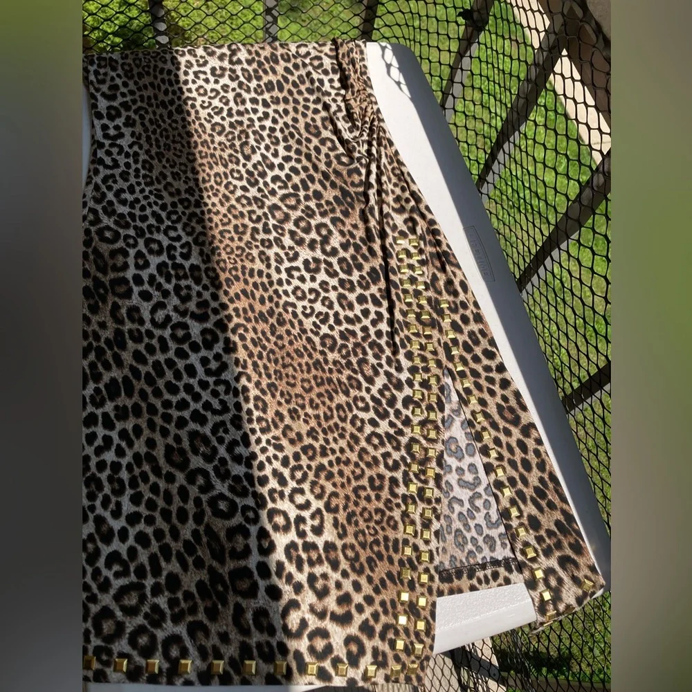 Michael Kors Side Slit Gold Studded Leopard Print Dress Side Ruched Dress